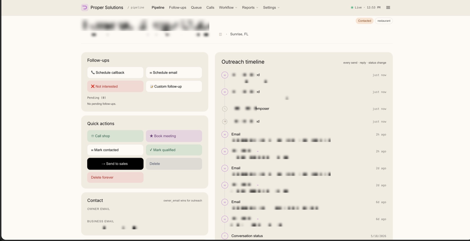 Proper Solutions: Lead detail with the full outreach timeline