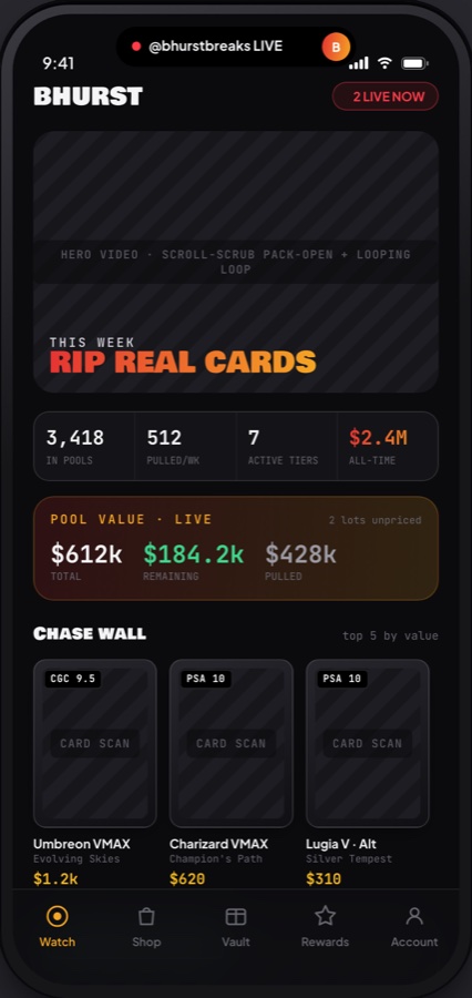 Blast Bags iOS home with live pools, wallet balance, and chase cards