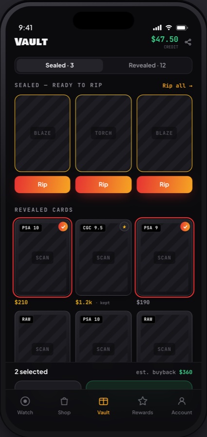 Blast Bags iOS vault with stored cards and sell or ship controls