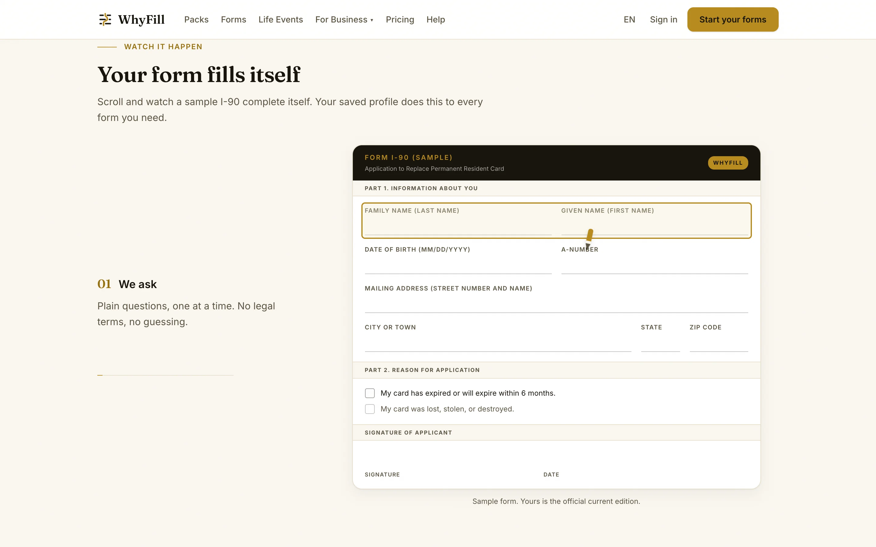 WhyFill guided interview filling a sample official form